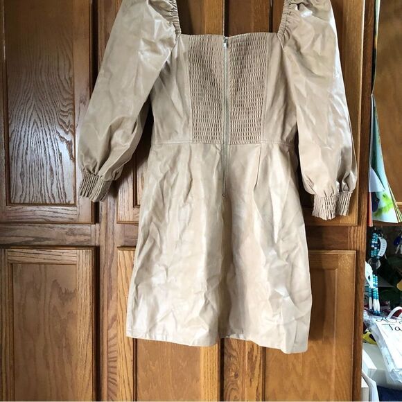 NWT 7 For All Mankind Square Neck Smocked Puff Sleeve Leather Mini Dress - M - Picture 10 of 13